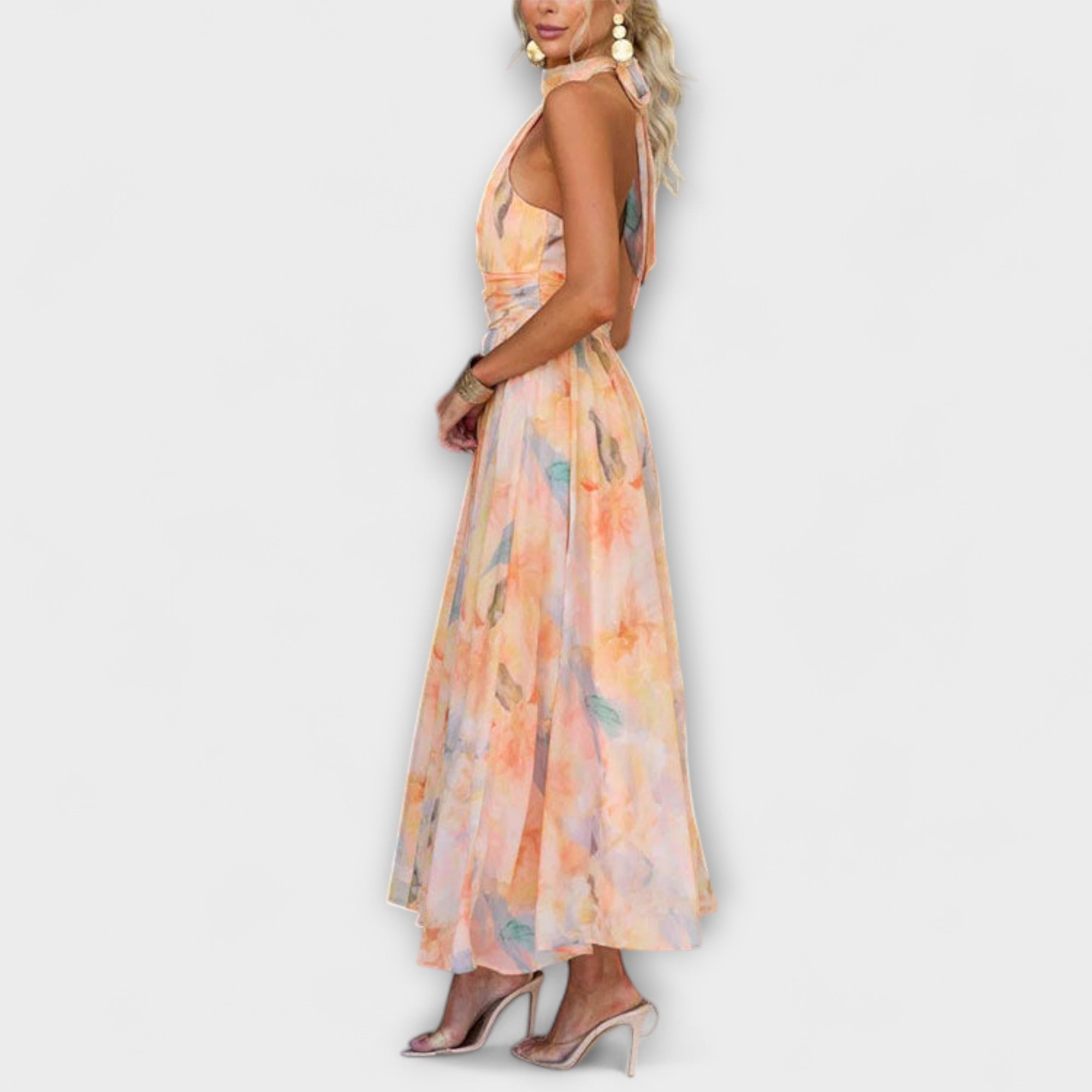 Halter-Neck Aquarel Print Maxi Jurk