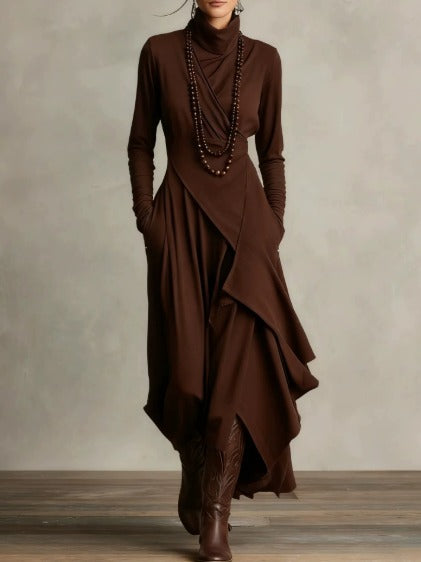 Valeria - Asymmetrical Maxi Knit Dress with Roll Neck