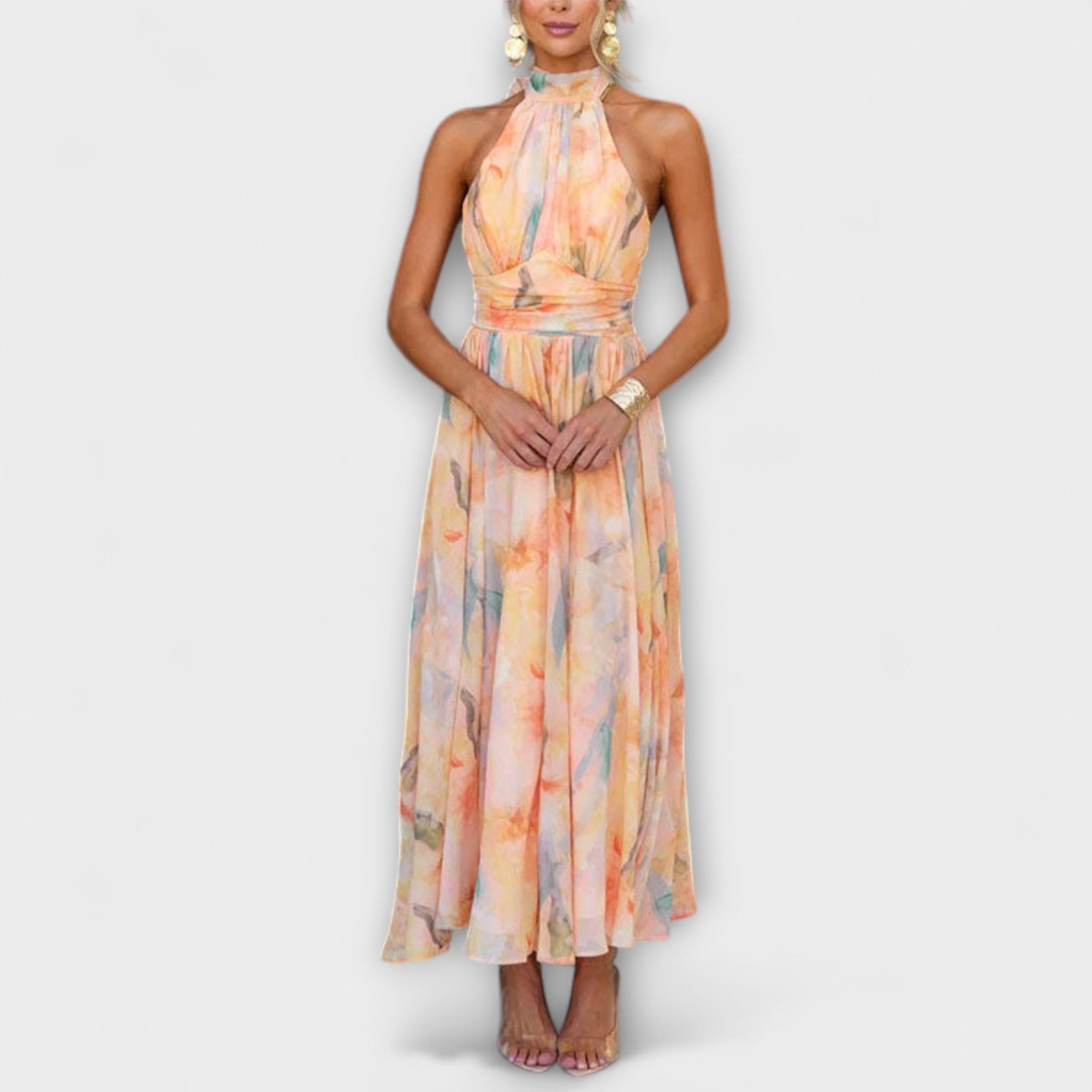 Halter-Neck Aquarel Print Maxi Jurk