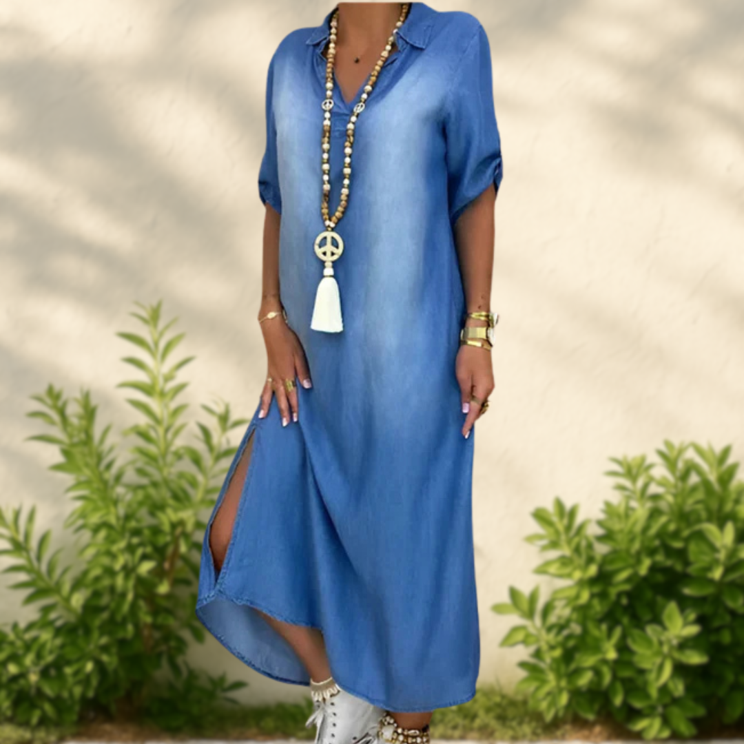 JOELLE - ROBE LONGUE STYLE JEAN AVEC FENTE LATÉRALE