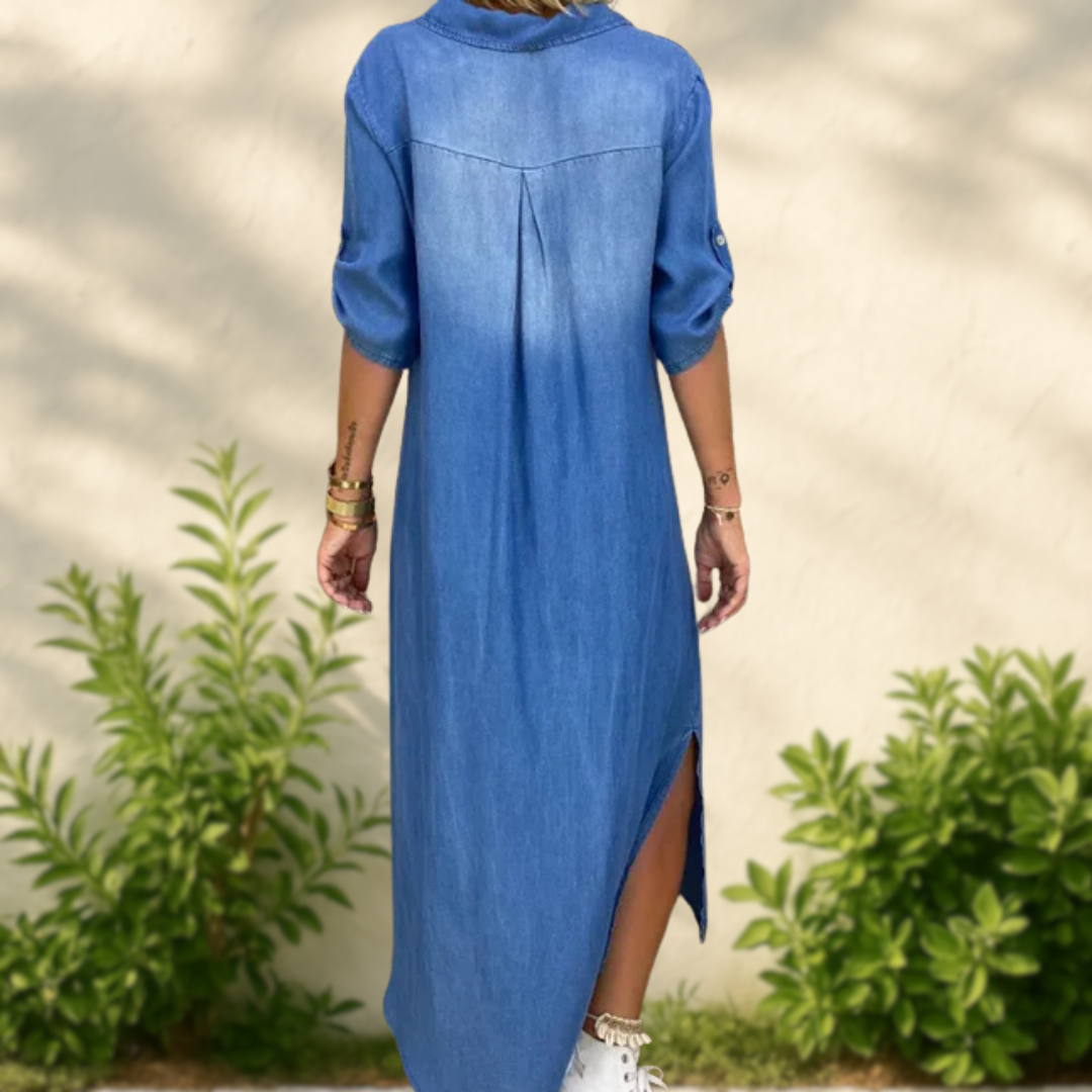 JOELLE - ROBE LONGUE STYLE JEAN AVEC FENTE LATÉRALE