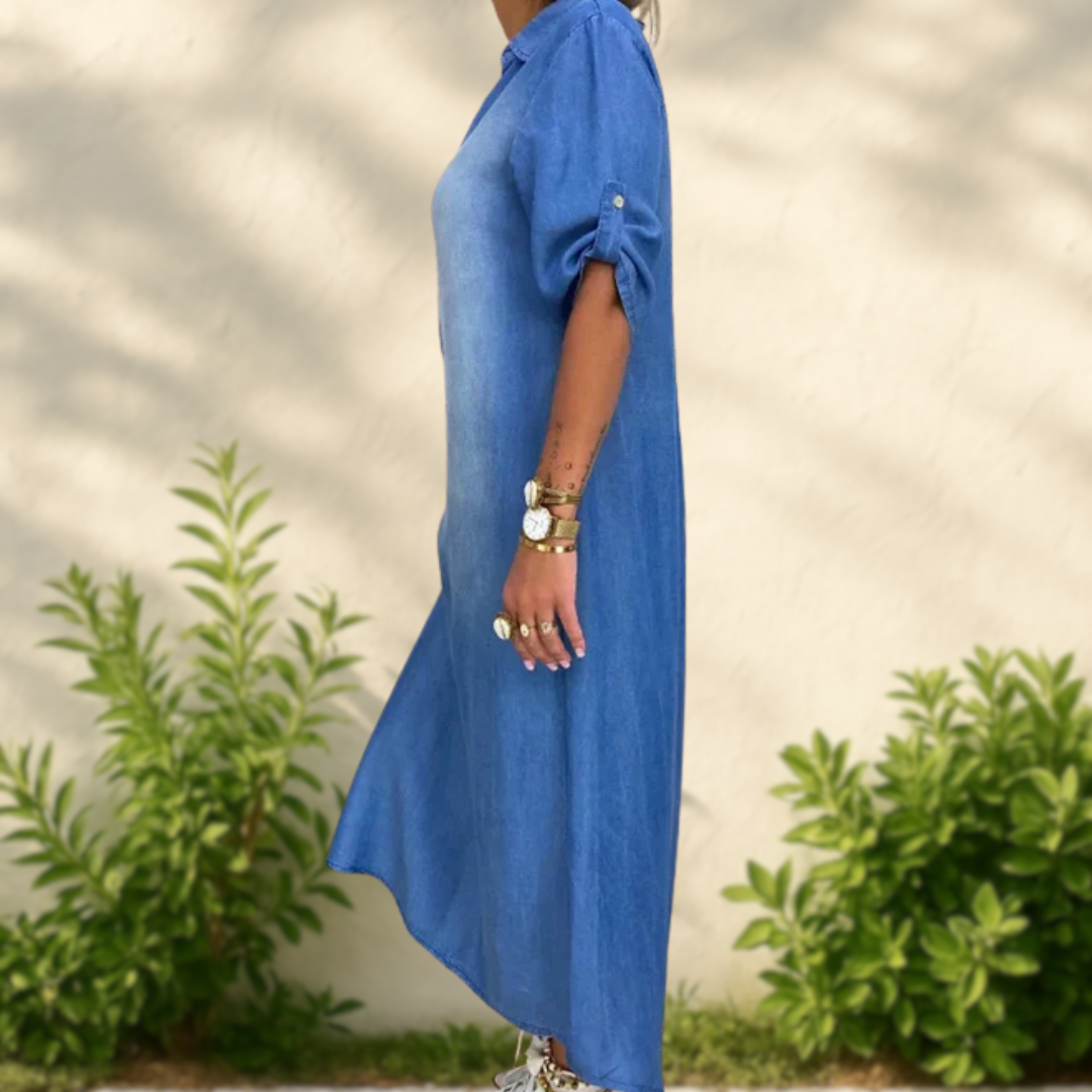 JOELLE - ROBE LONGUE STYLE JEAN AVEC FENTE LATÉRALE