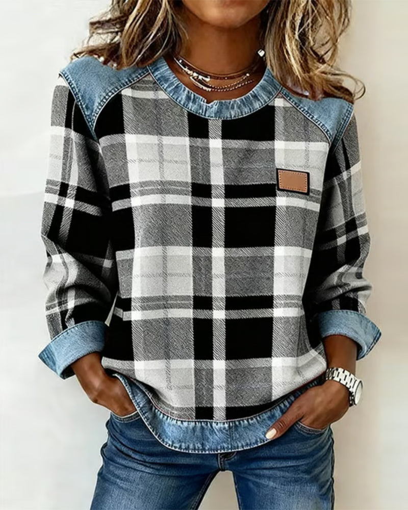 Aubrey - Denim Patchwork Pullover Sweatshirt