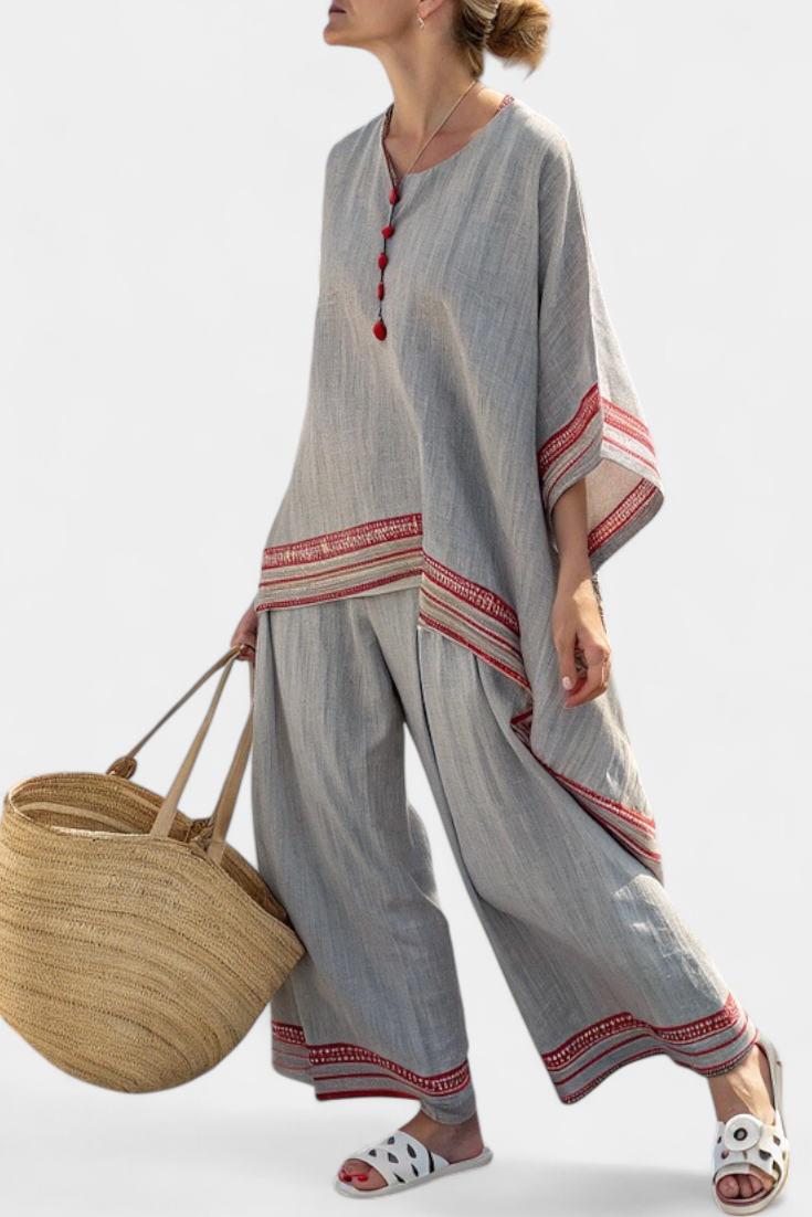 Sanne - Verfijnde Asymmetrische Blouse & Etnische Wijde Broek