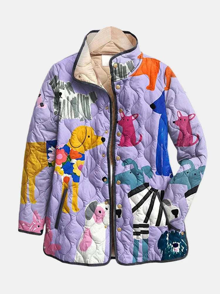 Rhea - Casual Quilted Jacket with Dog Print